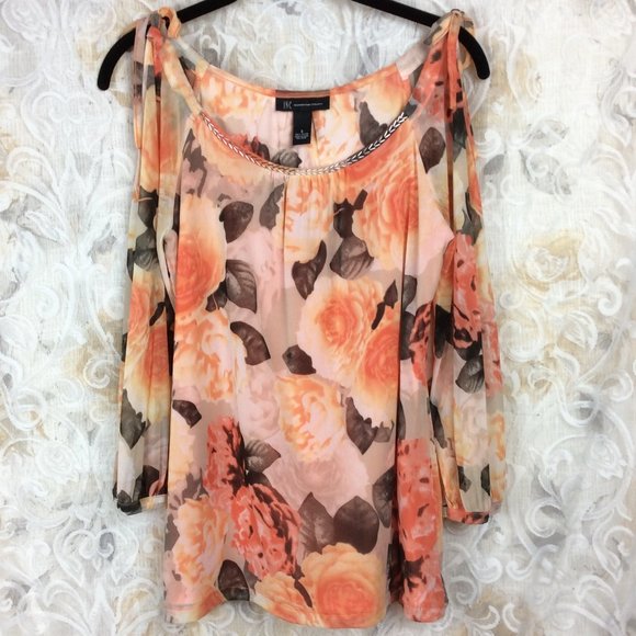 INC International Concepts Tops - Inc floral orange cold shoulder embellished beaded bling blouse Small roses